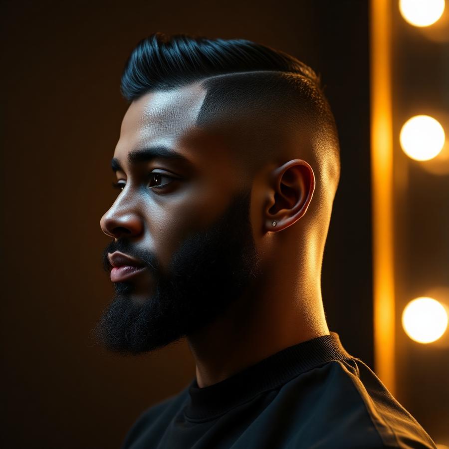 Sharp pomp fade with beard line-up